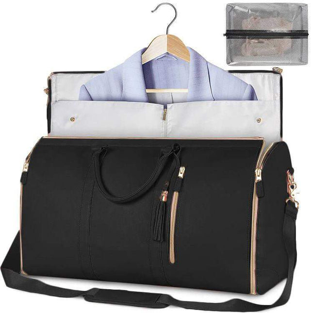 Women Large PU Folding Suit Storage Bag black with a shirt on a hanger and a clear pouch inside, on a white background