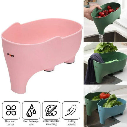 Collage of pink and green 2x Elephant Drain Baskets Cute & Functional Kitchen Sink Strainers with text and icons indicating features.