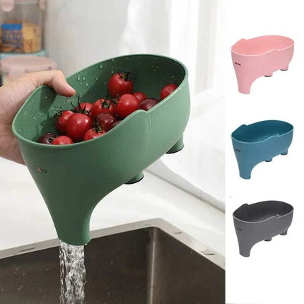 2x Elephant Drain Baskets Cute & Functional Kitchen Sink Strainers with tomatoes, shown with additional color options on a white background.