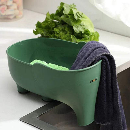 Green 2x Elephant Drain Baskets Cute & Functional Kitchen Sink Strainers with lettuce and a towel on a kitchen counter