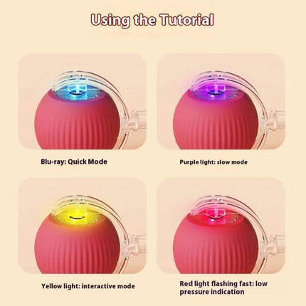Instructions for using Automatic Rolling Ball Cat Toy  with different light modes on a beige background