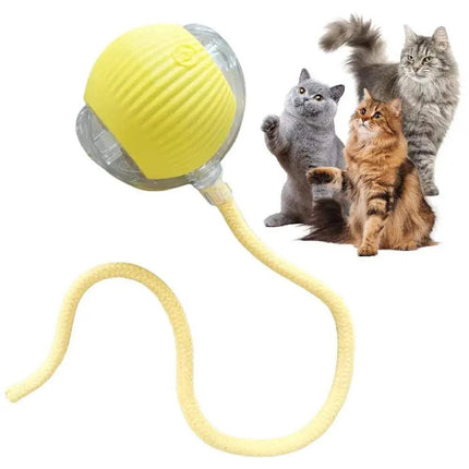 Automatic Rolling Ball Cat Toy with a yellow ball and rope, accompanied by three cats on a white background
