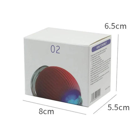 Automatic Rolling Ball Cat Toy Product packaging with dimensions labeled on a white background