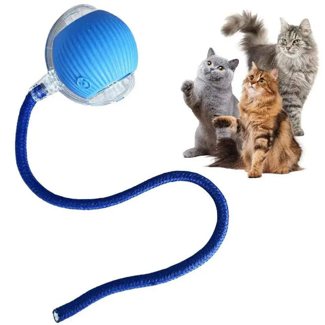 Blue Automatic Rolling Ball Cat Toy with a long flexible arm and three cats on a white background