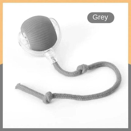 Automatic Rolling Ball Cat Toy with a rope on a white background, labeled 'Grey'.