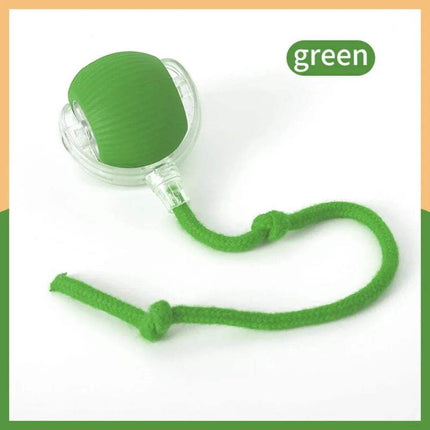 green Automatic Rolling Ball Cat Toy with a rope on a white background