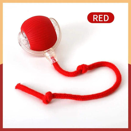 Red Automatic Rolling Ball Cat Toy on a white background, labeled 'RED'.