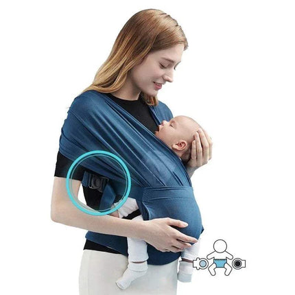 Woman using Baby Sling Wrap Stretchy Carrier to comfortably hold her baby, showcasing its easy-to-wear design.