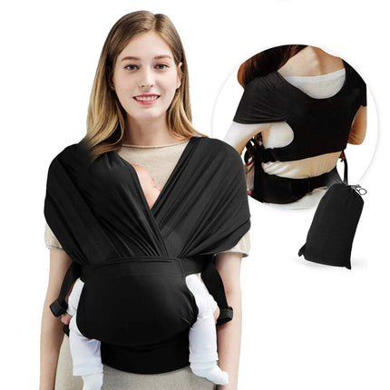 Baby Sling Wrap Stretchy Carrier in black with a parent wearing it and a baby comfortably secured.