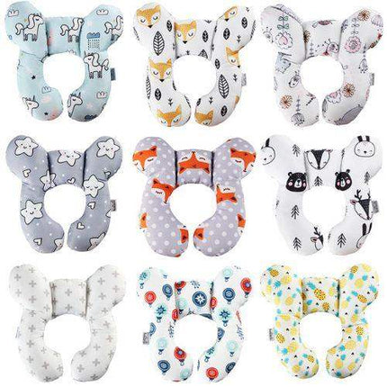 Collection of Baby Travel Pillow Safe, Comfortable Head & Neck Support with various animal and pattern designs on a white background.