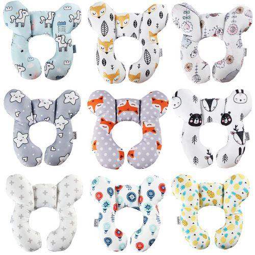 Collection of Baby Travel Pillow Safe, Comfortable Head & Neck Support with various animal and pattern designs on a white background.
