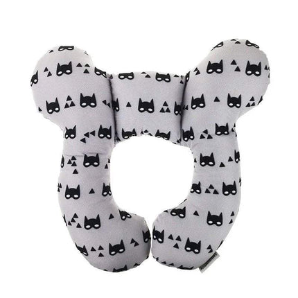 Baby Travel Pillow Safe, Comfortable Head & Neck Support with black cat pattern on a white background