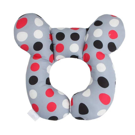 U-shaped Baby Travel Pillow Safe, Comfortable Head & Neck Support with polka dot pattern on a white background
