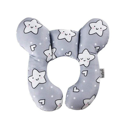 Gray Baby Travel Pillow Safe, Comfortable Head & Neck Support with star patterns on a white background