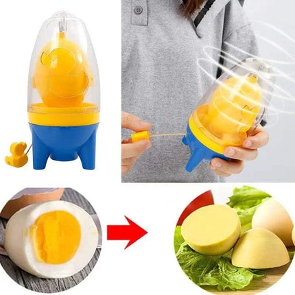 Collage of a yellow and blue Egg Yolk Shaker Mixer Spinner Perfectly Blend Eggs in Seconds with images of its use and results.