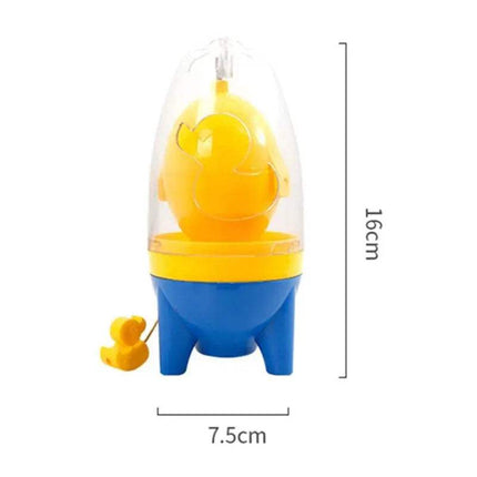 Yellow Egg Yolk Shaker Mixer Spinner Perfectly Blend Eggs in Seconds in a transparent egg with measurements on a white background