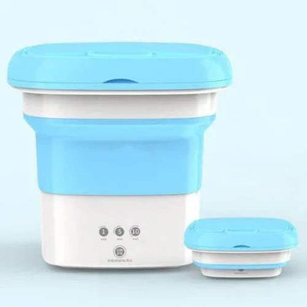 Portable Folding Washing Machine in blue and white, compact design for travel and small laundry needs.