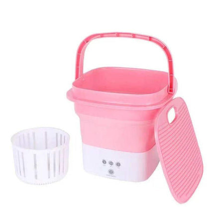 Pink Portable Folding Washing Machine in pink with handle and detachable basket for easy travel and small laundry.