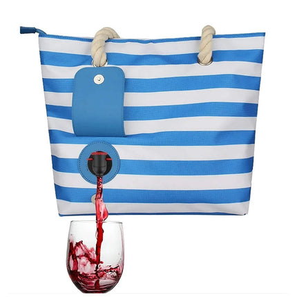 Blue and white striped Insulated Tote Bag with Drink Dispenser Stylish Leakproof Beverage Tote with a wine bottle pouring into a glass on a white background