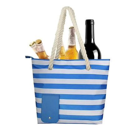 Blue and white striped Insulated Tote Bag with Drink Dispenser Stylish Leakproof Beverage Tote with bottles of wine and beer on a white background