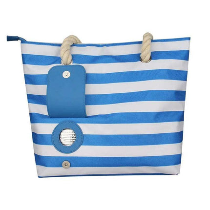 Blue and white striped Insulated Tote Bag with Drink Dispenser Stylish Leakproof Beverage Tote with rope handles on a white background