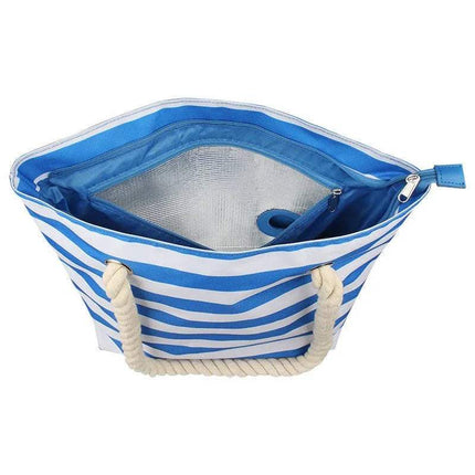 Blue and white striped Insulated Tote Bag with Drink Dispenser Stylish Leakproof Beverage Tote with a clear top compartment on a white background