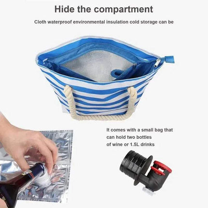 Blue and white striped Insulated Tote Bag with Drink Dispenser Stylish Leakproof Beverage Tote with insulation material and bottle opener on a white background