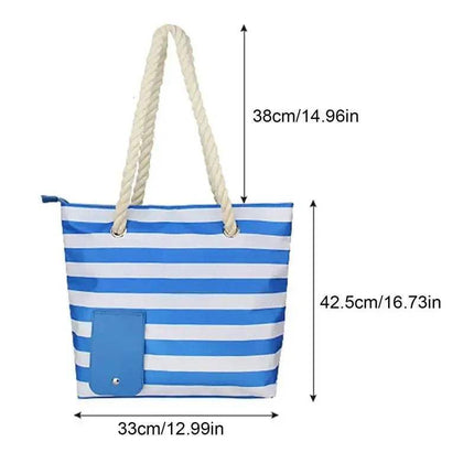 Blue and white striped Insulated Tote Bag with Drink Dispenser Stylish Leakproof Beverage Tote with dimensions indicated