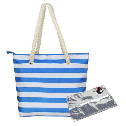 Blue and white striped Insulated Tote Bag with Drink Dispenser with rope handles and a clear pouch on a white background