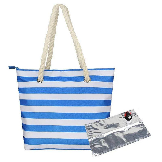 Blue and white striped Insulated Tote Bag with Drink Dispenser with rope handles and a clear pouch on a white background