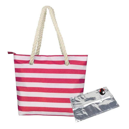 Red and white Striped Insulated Tote Bag with Drink Dispenser with rope handles and a clear pouch on a white background