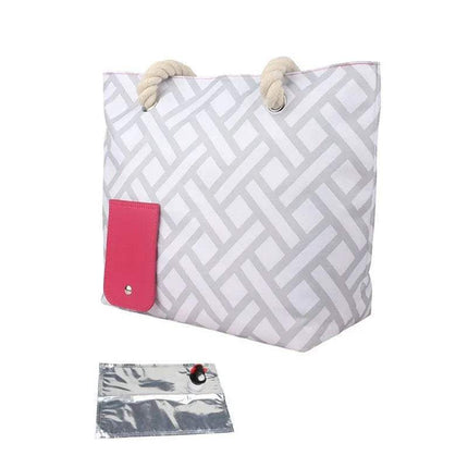Gray geometric patterned Insulated Tote Bag with Drink Dispenser with pink pocket and matching pouch on a white background