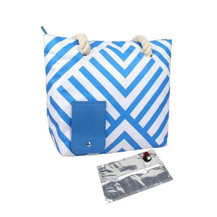 Blue and white striped Insulated Tote Bag with Drink Dispenser with a small blue pouch and clear bag on a white background