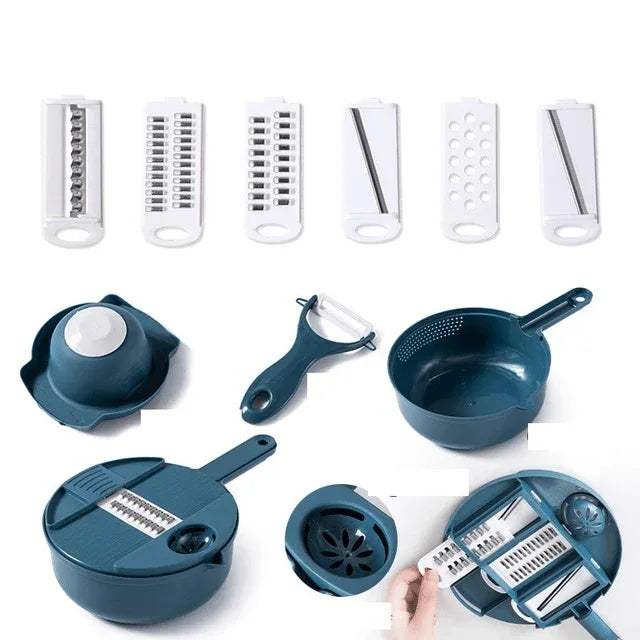 Multifunctional Salad Chopper with various slicers, dicer, and accessories for effortless meal prep.