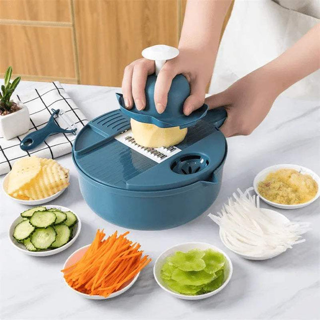 Multifunctional Salad Chopper being used to chop vegetables and fruits for meal prep.