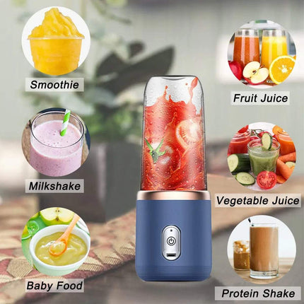 Portable Electric Juicer Cup for Fresh Drinks Anywhere with images of smoothies, fruit juice, milkshakes, vegetable juice, baby food, and protein shake around it.