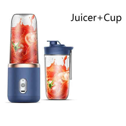 Portable Electric Juicer Cup for Fresh Drinks Anywhere with a glass cup containing a juice blend on a white background.