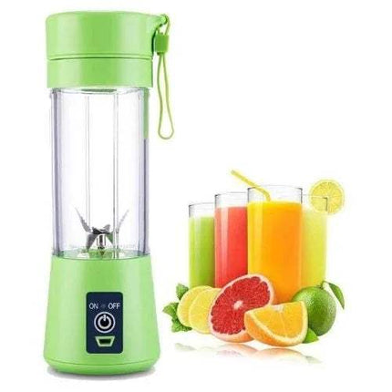 Green Portable Fruit Blender Fresh Smoothies, Juices & Shakes Anywhere with a glass of colorful juice and fruits on a white background