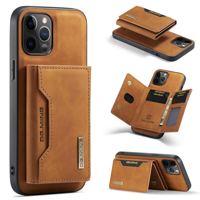 2 in 1 Detachable iPhone Leather Case Wallet and Card Holder in brown with card slot and detachable design.