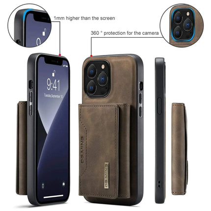 2 in 1 Detachable iPhone Leather Case Wallet showing front and back view with camera protection features.