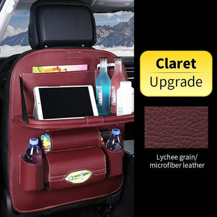 Car Back Seat Organizer Storage Bag with foldable table, featuring pockets for bottles and tablets in claret color.