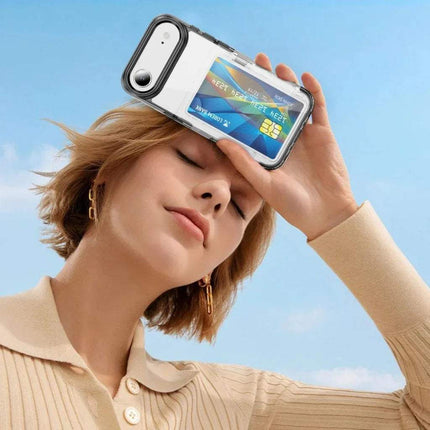 Person holding a phone with a clear Protective iPhone Case with Card Holder Sleek, Practical, and Everyday-Ready against a blue sky background