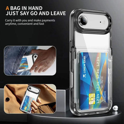 Protective iPhone Case with Card Holder Sleek, Practical, and Everyday-Ready with card holder feature, showing a hand holding the phone with the case.