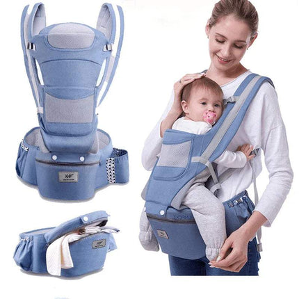 Blue Ergonomic Baby Carrier for Comfortable & Safe Carrying with a woman holding a baby, on a white background