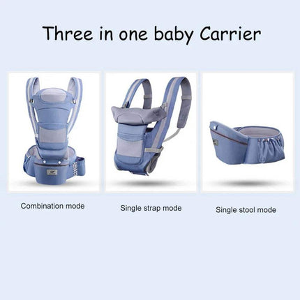 Three-in-one Ergonomic Baby Carrier with different modes on a light blue background