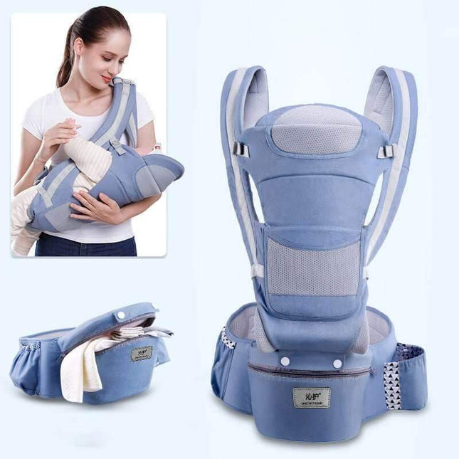 Cowboy Blue Seasons Ergonomic Baby Carrier with a woman holding a baby in the inset.
