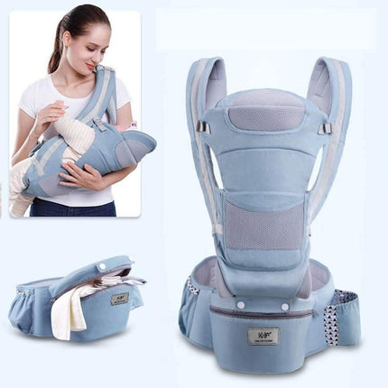Fresh Green Seasons Ergonomic Baby Carrier with a woman holding a baby in an inset, on a white background