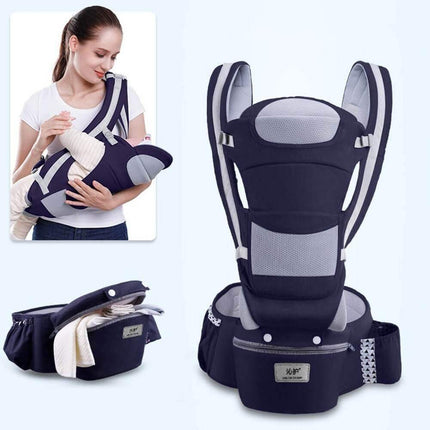 Dark Blue Seasons Ergonomic Baby Carrier with a woman holding a baby and the product on a white background