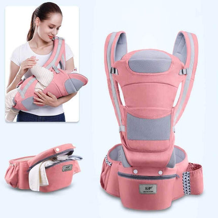 Cherry Pink Seasons Ergonomic Baby Carrier with gray accents and a woman holding a baby in it on a white background.