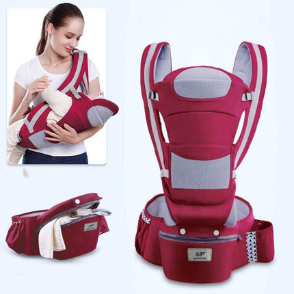 Red wine seasons Ergonomic Baby Carrier with a woman holding a baby, on a white background